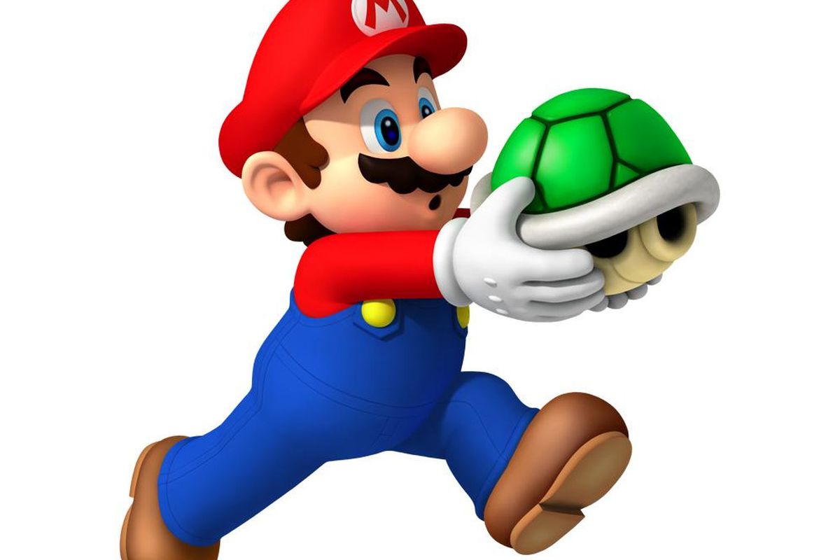 Mario running with green shell.