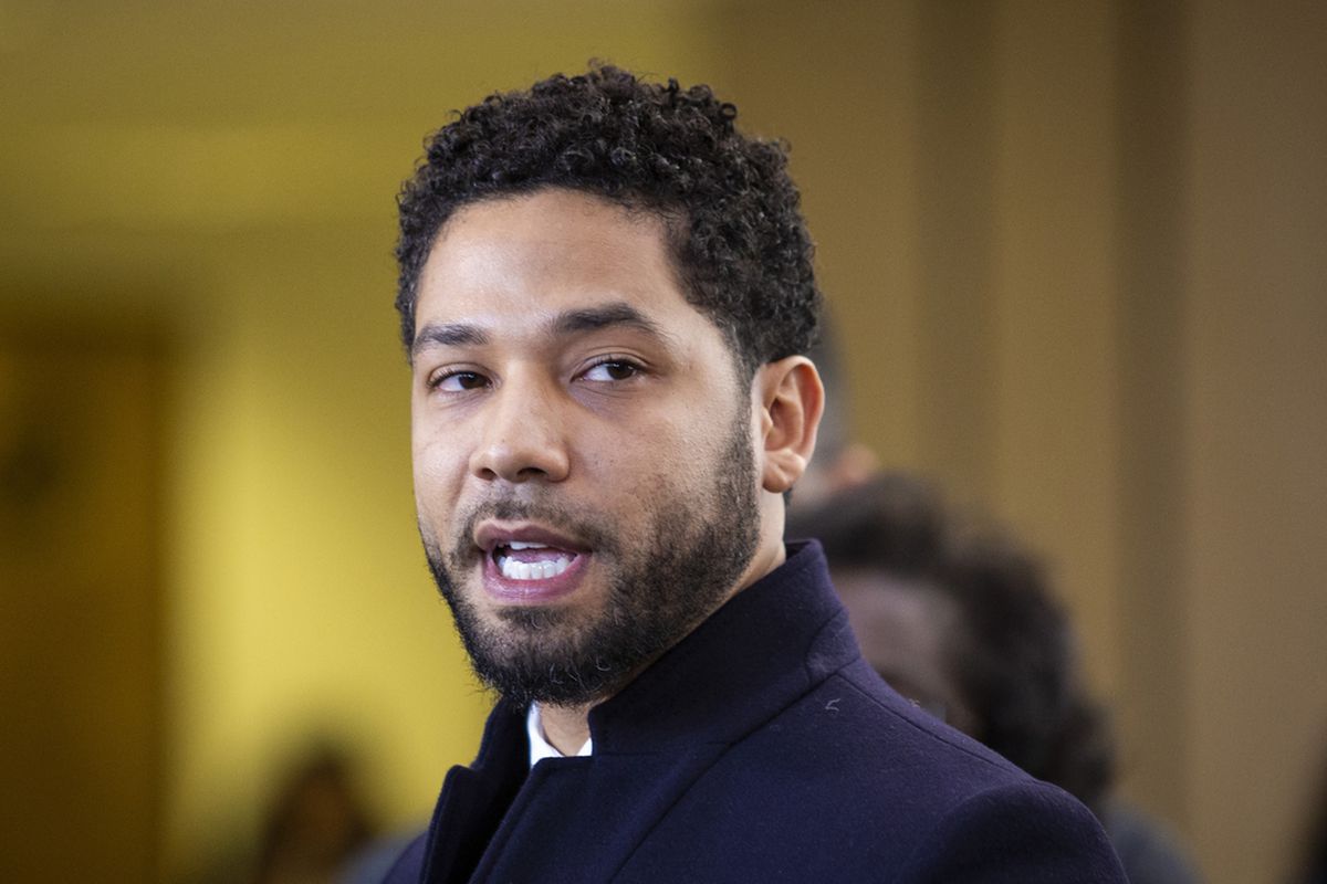 Actor and singer Jussie Smollett speaks to reporters in 2019 after the initial charges against him were dropped.