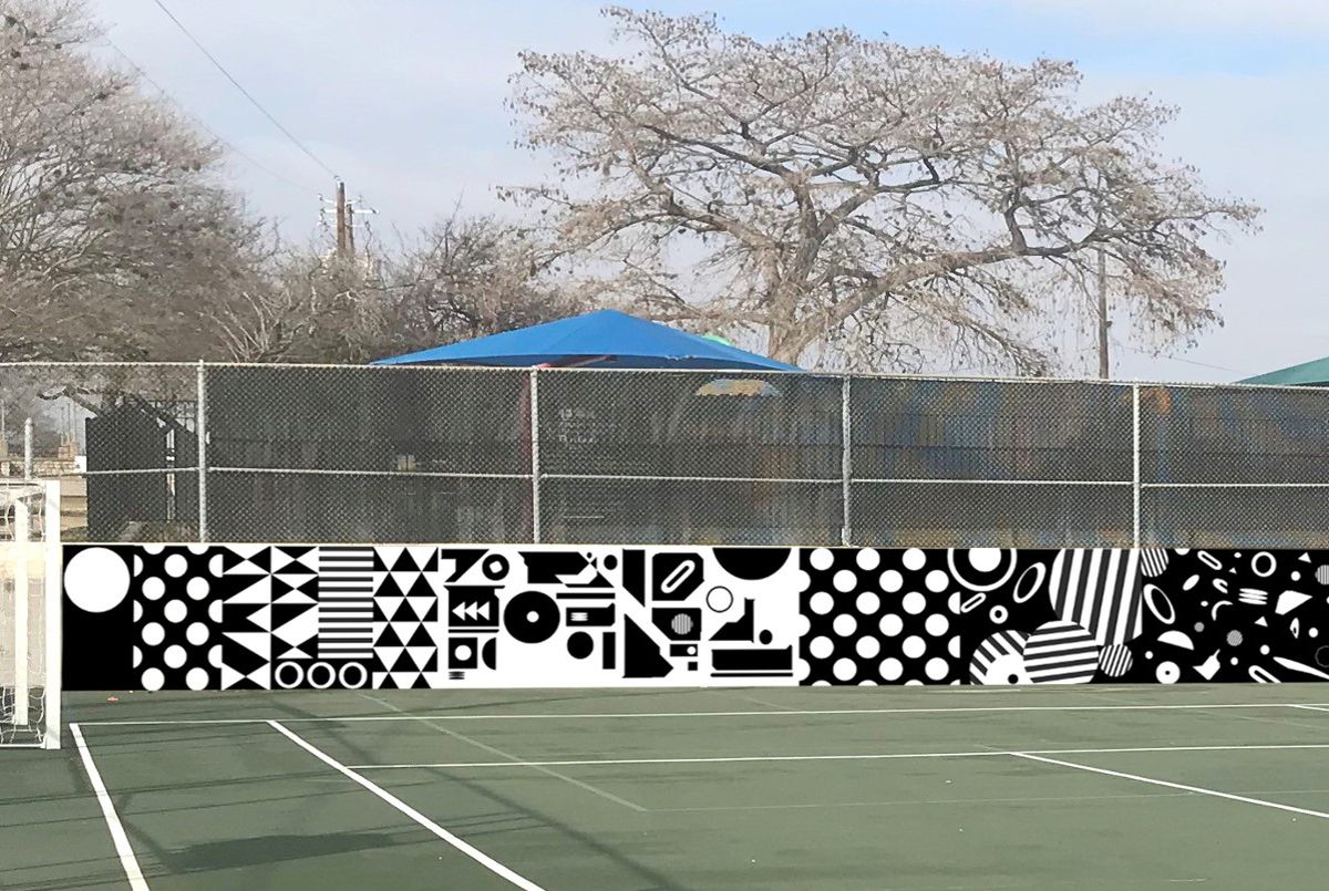 A work of art called ‘Low on the Treble’ by Kel Brown. This is a mural with a black and white geometric pattern.