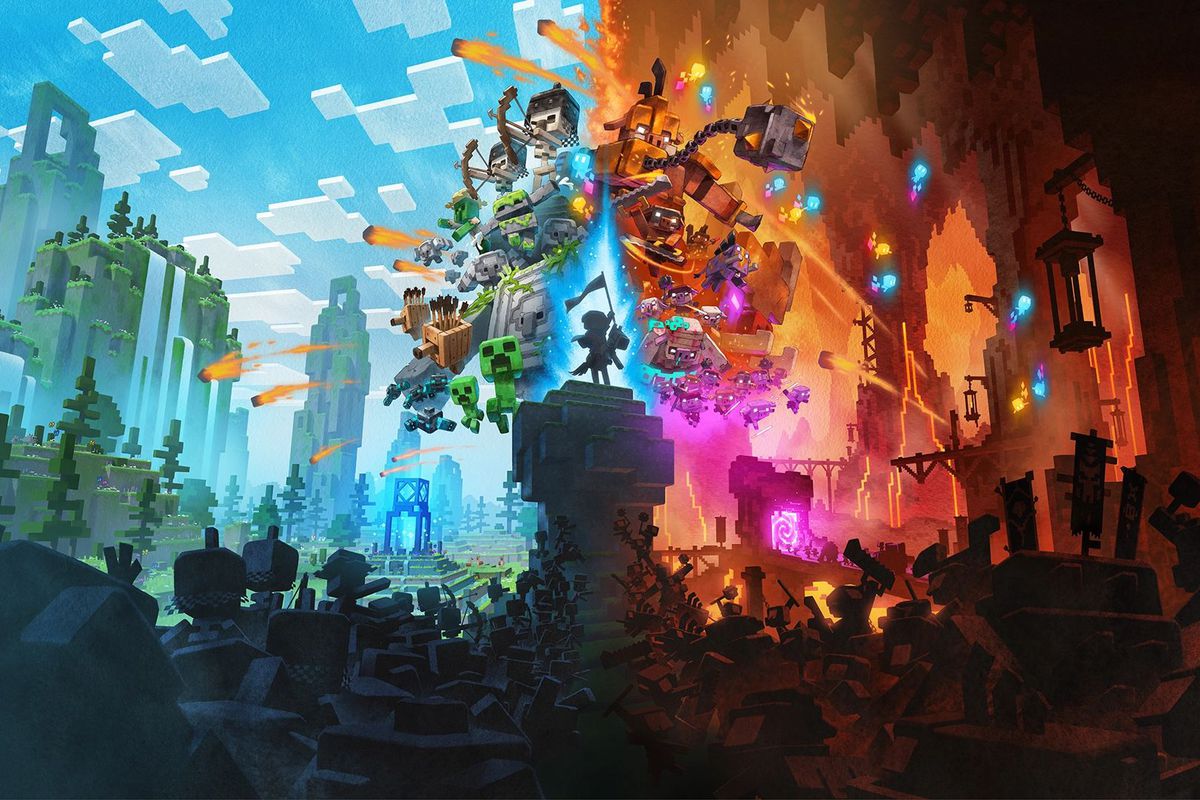 A key art of Minecraft Legends, showcasing the hero standing in the middle of a battleground, with friendly units on the left and the evil piglins on the right