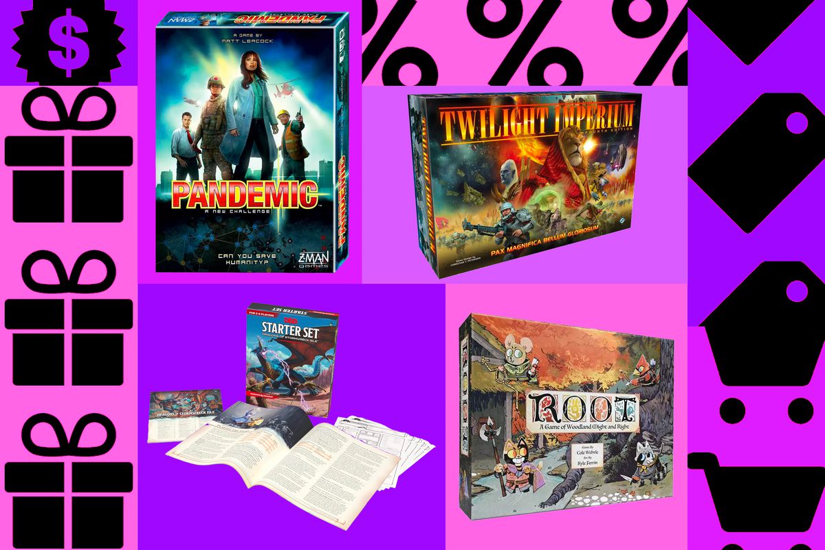 A composite image of board games, including Pandemic, The Dungeons &amp; Dragons Starter Kit, Root, and Twilight Imperium.