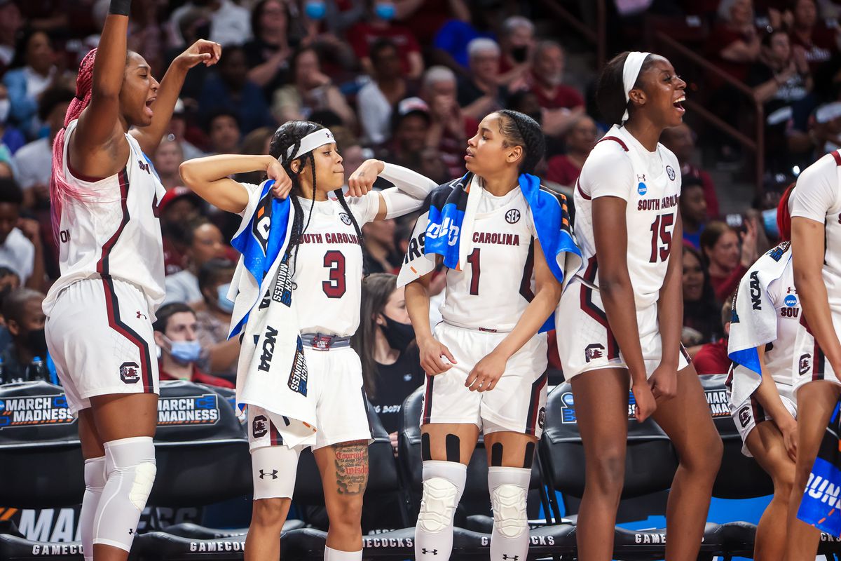 South Carolina Gamecocks forward Aliyah Boston (4) and South Carolina Gamecocks guard Destanni Henderson (3) and South Carolina Gamecocks guard Zia Cooke (1) and South Carolina Gamecocks forward Laeticia Amihere (15) celebrate a play against the Howard Lady Bison in the second half at Colonial Life Arena