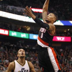 Portland Trail Blazers guard Damian Lillard (0) prepares to dunk against the Jazz Friday, Feb. 20, 2015, at EnergySolutions Arena in Salt Lake City. The Jazz beat the Blazers, 92-76.