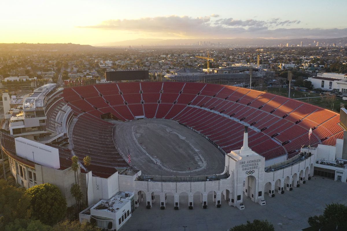 Aerial view of the Los Angeles Coliseum under construction for the NASCAR Busch Light Clash at the Coliseum, on December 31, 2021 in Los Angeles, California.