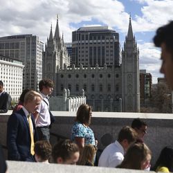 Conferencegoers leave the Conference Center after the Sunday afternoon session of the 189th Annual General Conference of The Church of Jesus Christ of Latter-day Saints in Salt Lake City on Sunday, April 7, 2019.