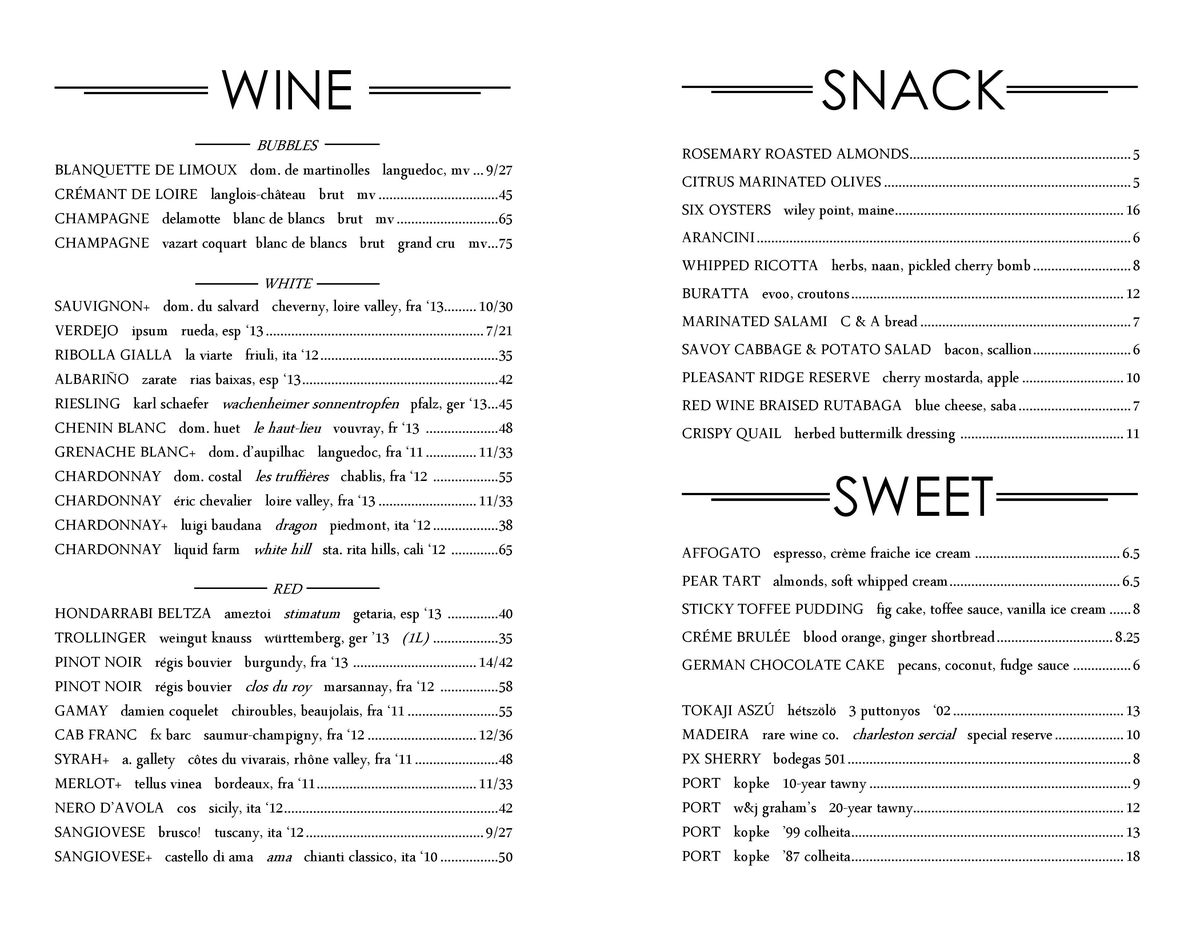 Cakes & Ale wine bar menu