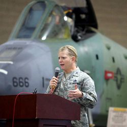 Hill Air Force Base commander Col. Jennifer Hammerstedt speaks during the Utah Legislature's Veterans and Military Affairs Commission meeting at the Hill Aerospace Museum at Hill Air Force Base on Tuesday, Aug. 22, 2017.