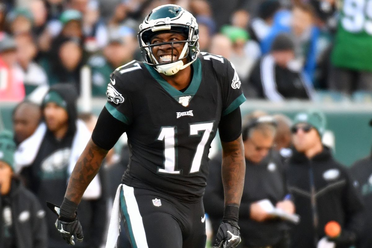 Philadelphia Eagles wide receiver Alshon Jeffery smiles after making a first down catch during the fourth quarter against the Chicago Bears at Lincoln Financial Field.