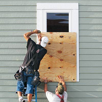 You can easily board up lower windows from the outside with a single sheet of ½-inch or thicker plywood. But for those on the second and third floors, cut the wood in half to make it easier to lift when you’re on a ladder.