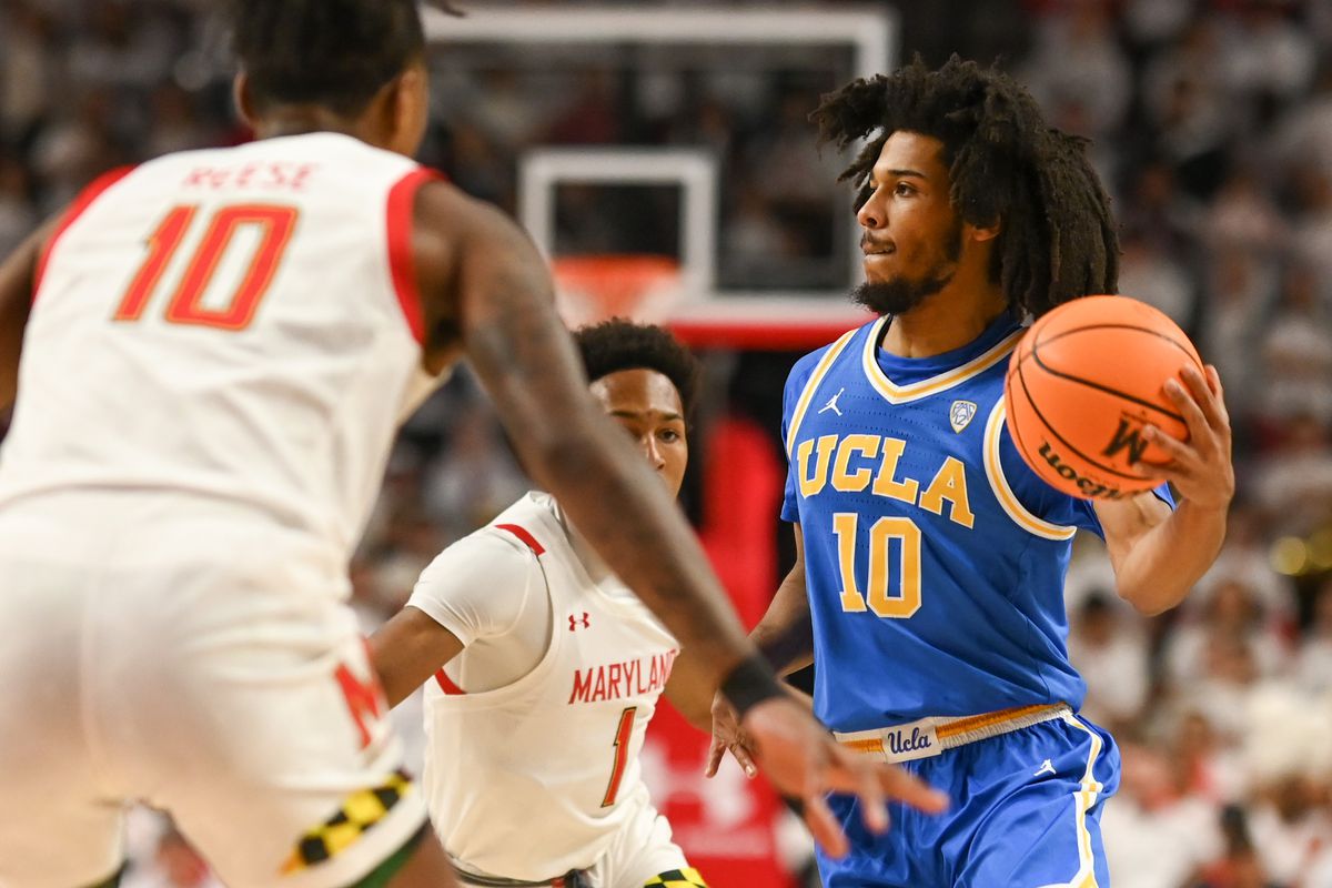 UCLA Bruins guard Tyger Campbell (10) passes during the first half against the Maryland Terrapins at Xfinity Center.