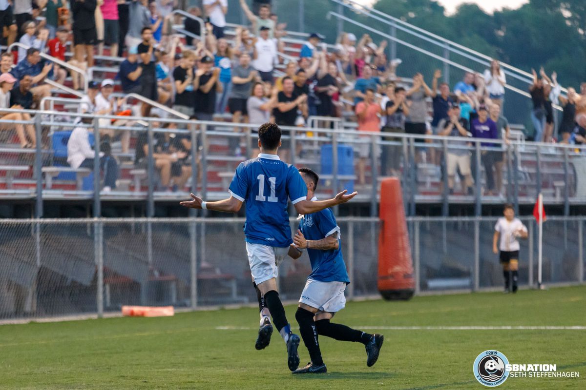July 16, 2019 - St. Louis Park, Minnesota, United States - Minneapolis City SC midfielder Eli Goldman (11) scores the opening goal during the NPSL North playoff match against Med City FC at Benilde-St. Margaret's. 