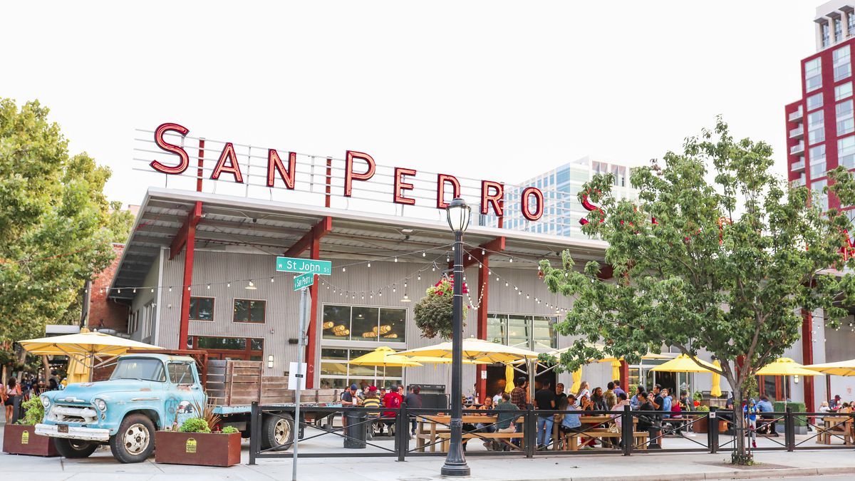 A view of San Pedro Square Market from across the street. 