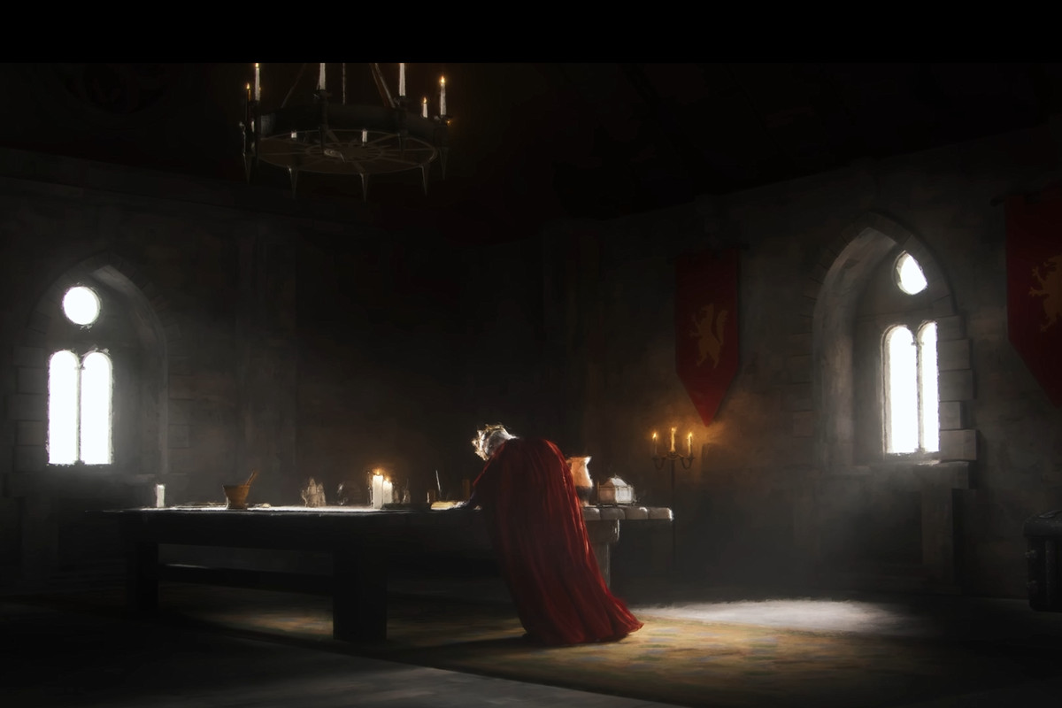 An elderly king in a red cloak hunches over a map table in his medieval castle, flanked by windows that show daylight.