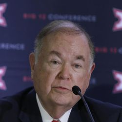University of Oklahoma President David Boren speak to reporters after the second day of the Big 12 sports conference meetings in Irving, Texas, Thursday, June 2, 2016. 