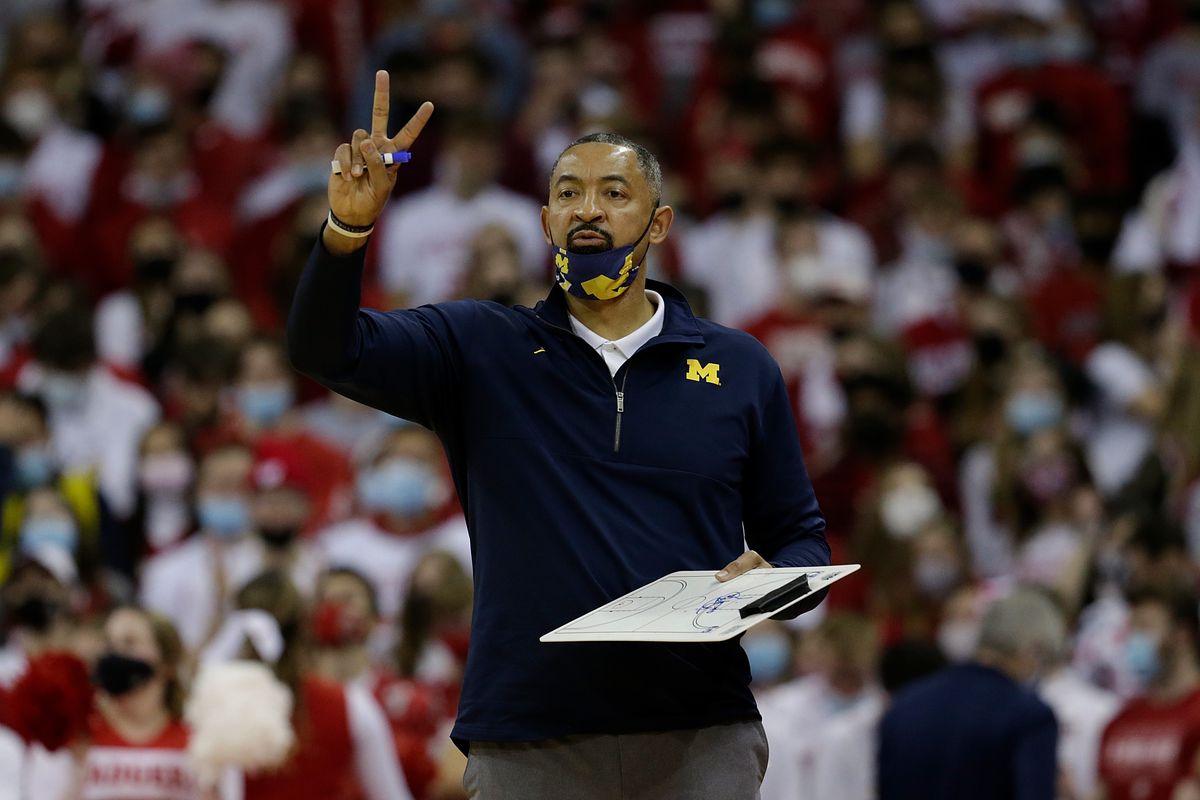 Michigan Wolverines Head Coach Juwan Howard calls out a play during the second half of the game against the Wisconsin Badgers at Kohl Center on February 20, 2022 in Madison, Wisconsin.