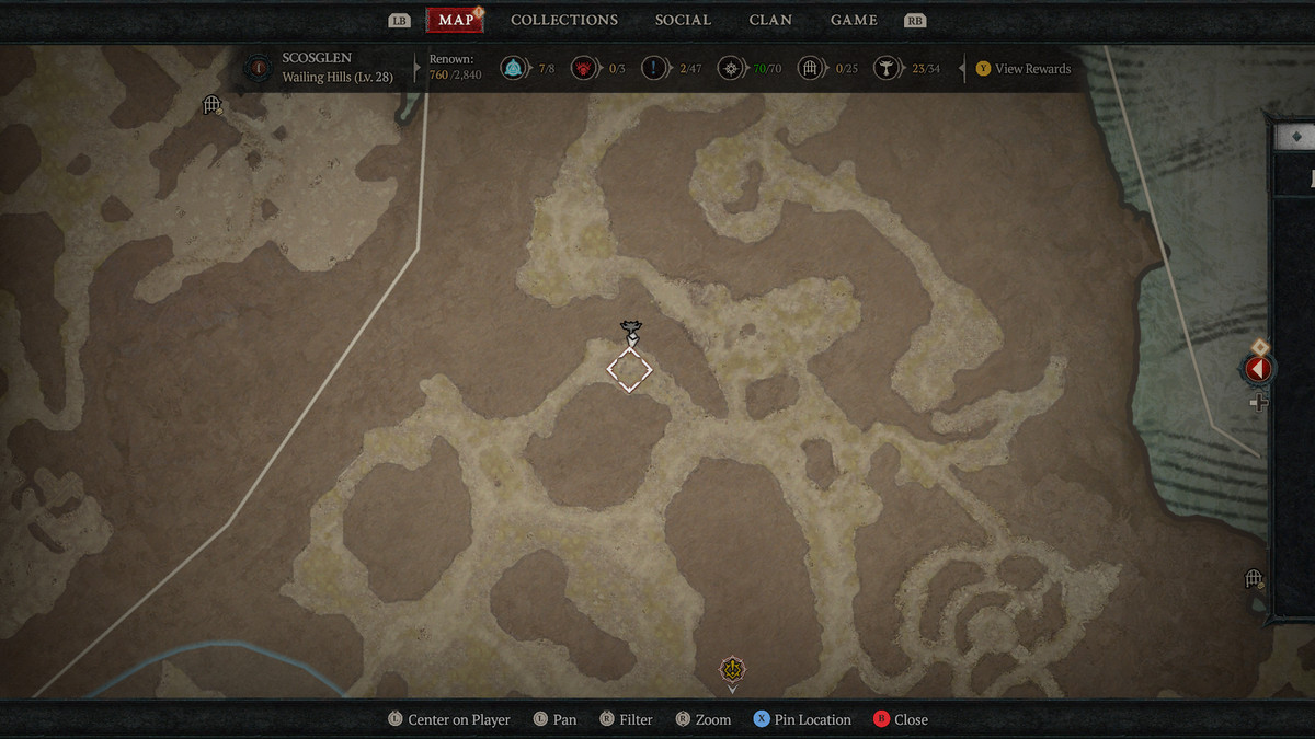 A map of Scosglen in Sanctuary showing the 20th Altar of Lilith in Diablo 4
