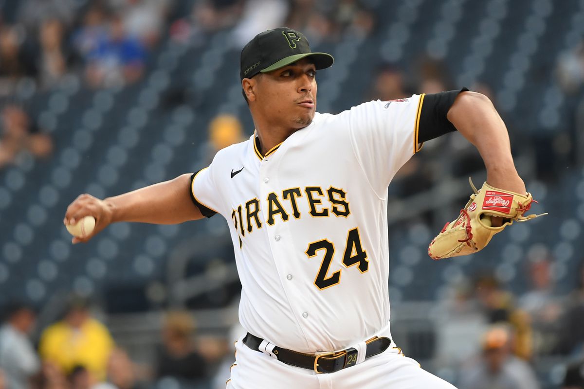 Johan Oviedo #24 of the Pittsburgh Pirates pitches in the first inning against the Oakland Athletics at PNC Park on June 5, 2023 in Pittsburgh, Pennsylvania.