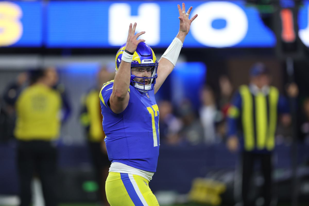 Baker Mayfield #17 of the Los Angeles Rams reacts after a touchdown against the Las Vegas Raiders during the fourth quarter at SoFi Stadium on December 08, 2022 in Inglewood, California.