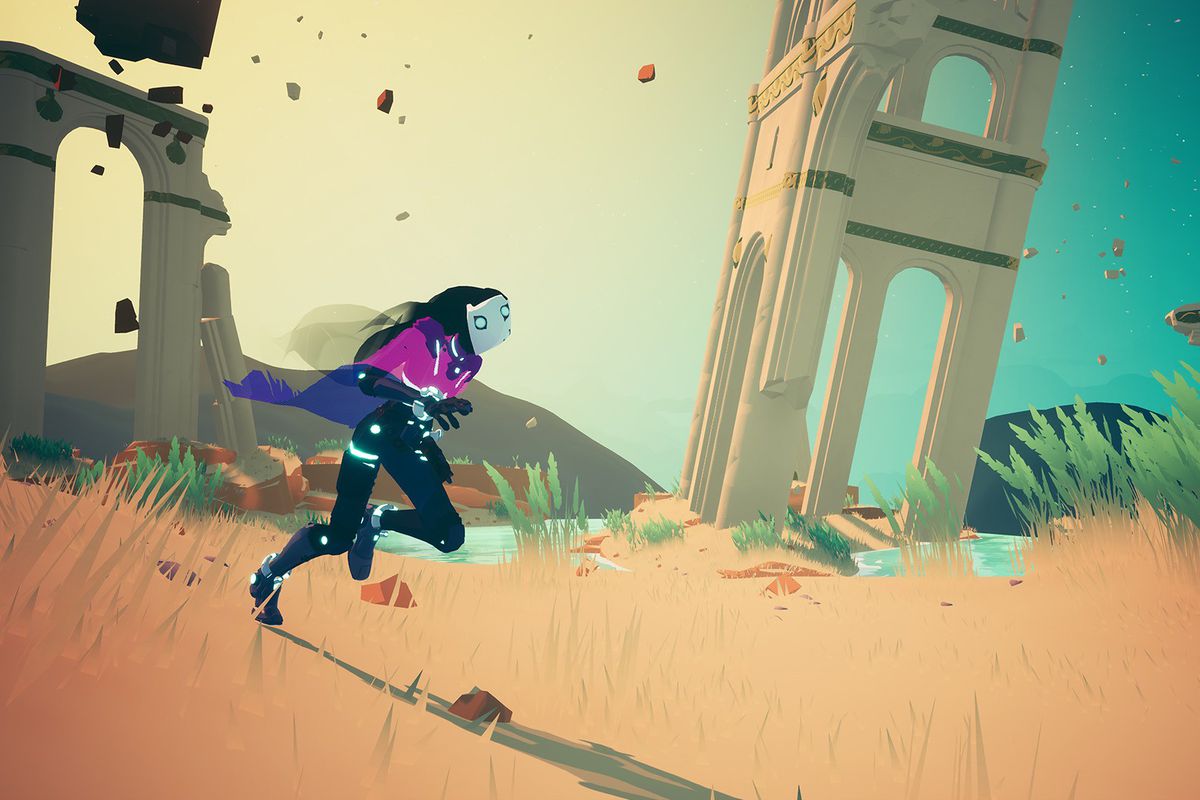 a character runs through dirt with buildings crumbling in the background in Solar Ash