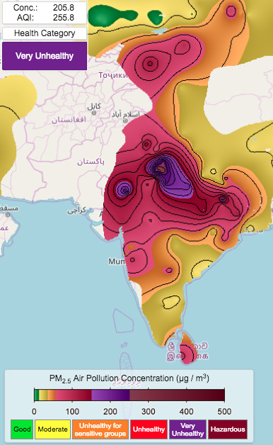 A map of particulate air pollution in India on October 31, 2018.