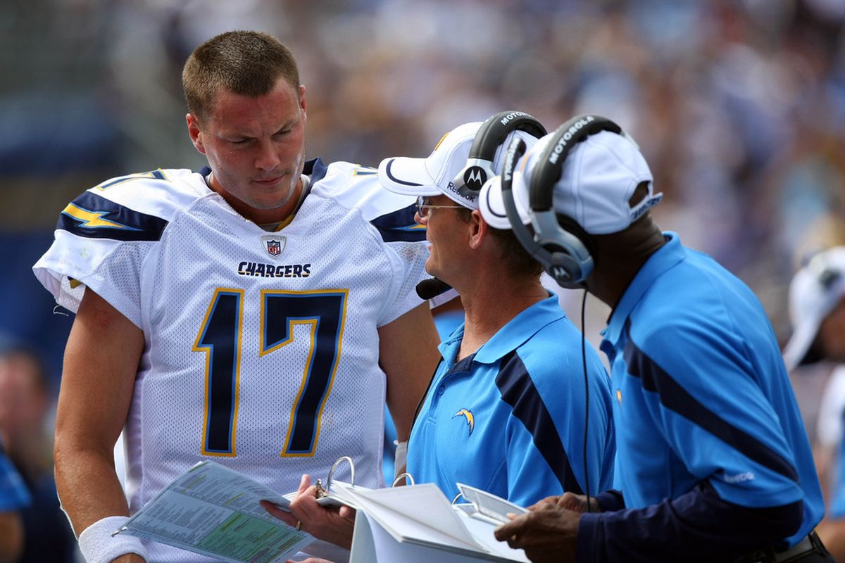 Quarterback Philip Rivers #17 of the San Diego Chargers looks at pictures on the sidelines against the Kansas City Chiefs. (Photo by Donald Miralle/Getty Images)