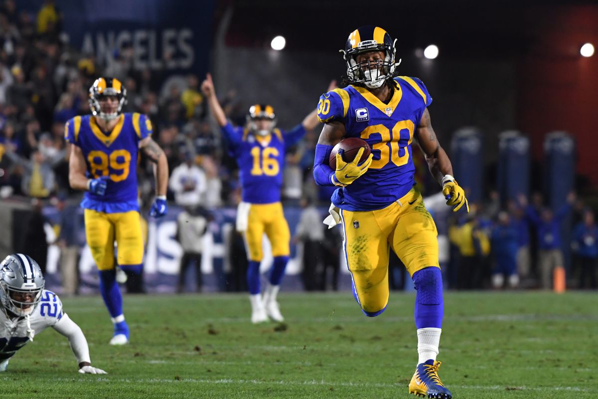 Los Angeles Rams RB Todd Gurley runs in a touchdown against the Dallas Cowboys, Jan. 12, 2019.