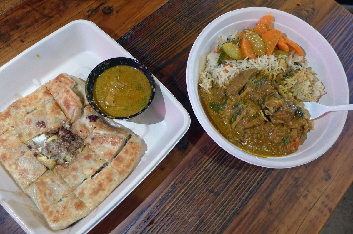 A stuffed flatbread and curry over rice.
