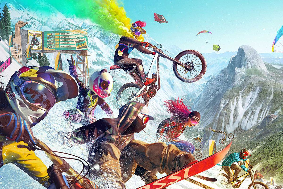 Artwork of bikers, snowboarders, and wingsuit riders from Ubisoft’s Riders Republic