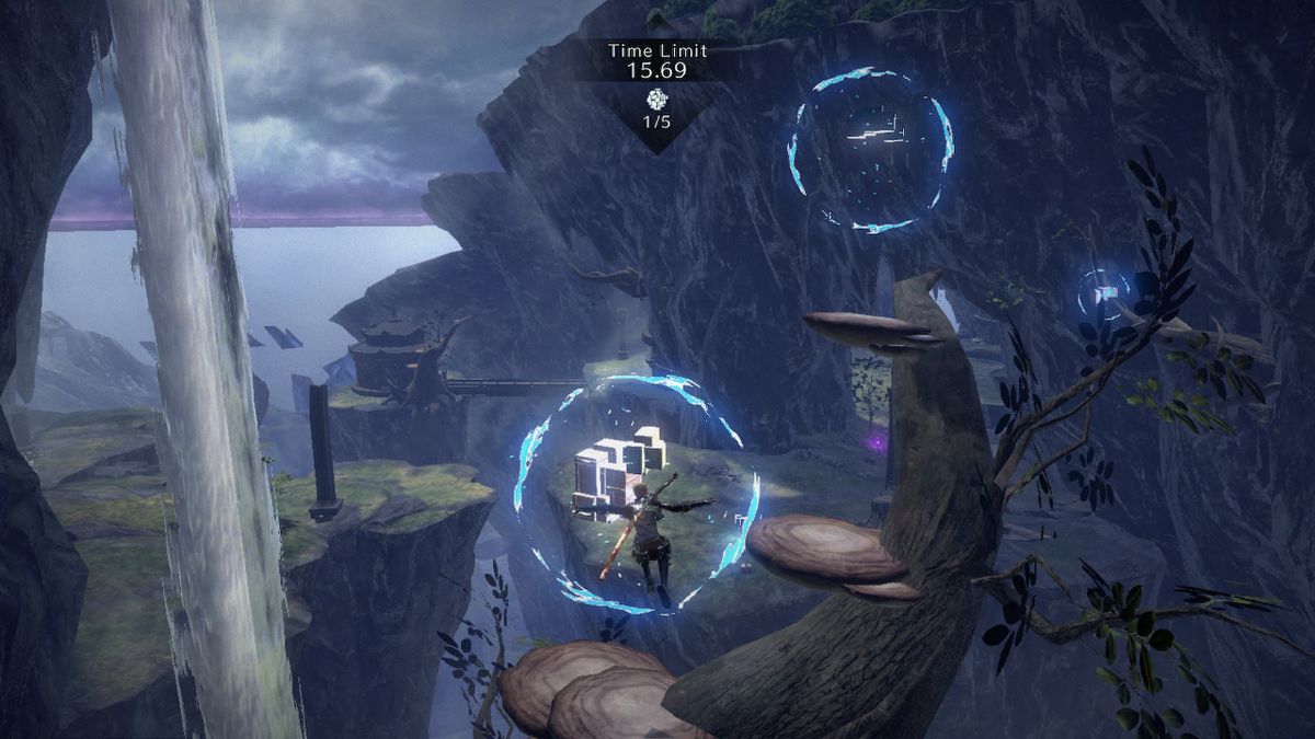 Viola floats high above the ground in a blue orb of energy in Bayonetta 3.