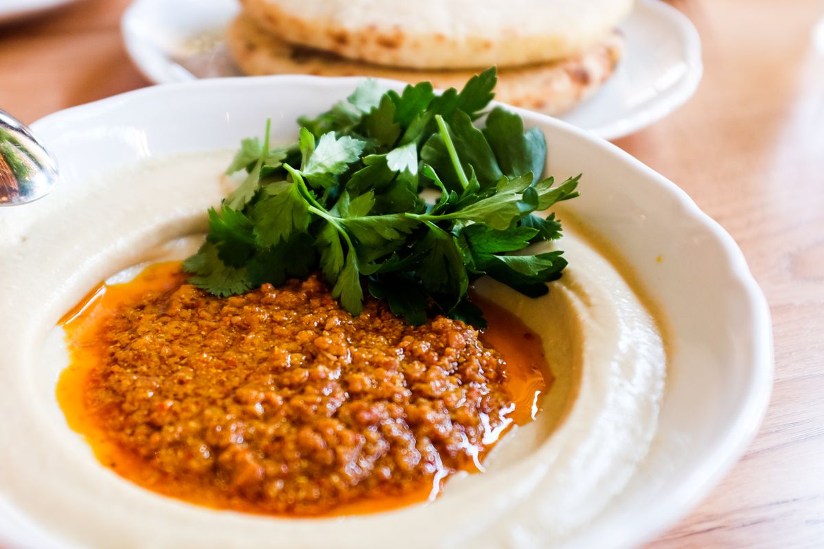 A hummus dish topped duck ‘nduja (a sausage variation) at Bavel in Los Angeles