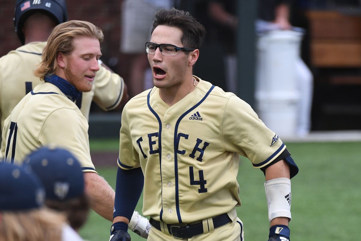 Georgia Tech Yellow Jackets catcher Kevin Parada (4) celebrates with teammates after hitting a solo home run during the fourth inning against the Vanderbilt Commodores in the Nashville Regional of the NCAA Baseball Tournament at Hawkins Field.