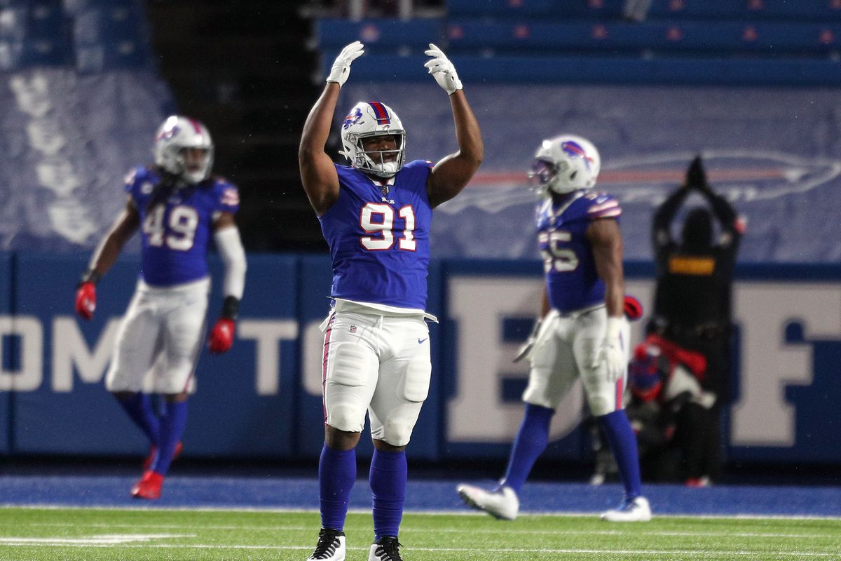 Ed Oliver #91 of the Buffalo Bills reacts at the end of the third quarter against the Baltimore Ravens during the AFC Divisional Playoff game at Bills Stadium on January 16, 2021 in Orchard Park, New York.