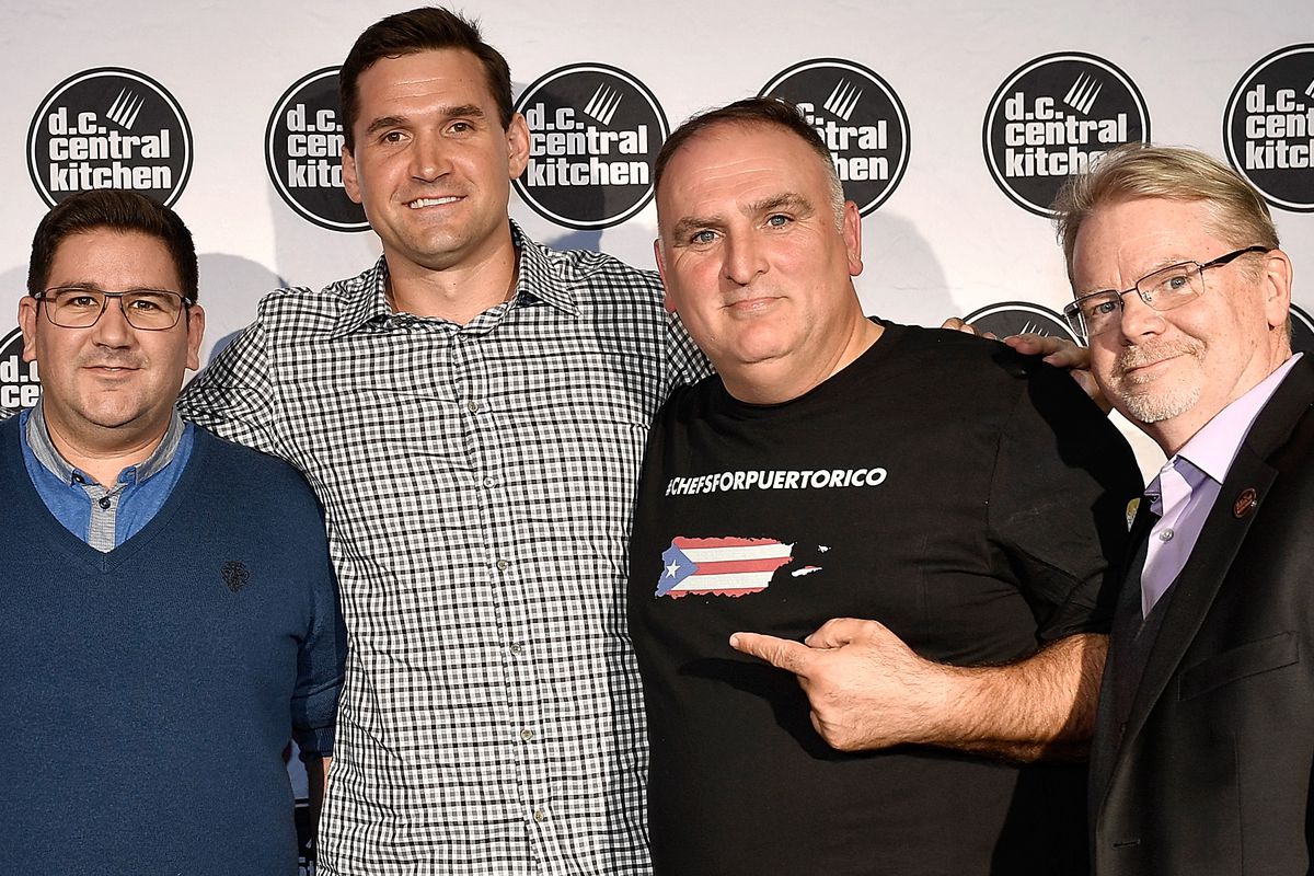 José Andrés, center right, poses with Nationals infielder Ryan Zimmerman, center left, at DC Central Kitchen’s Capital Food Fight in 2017.