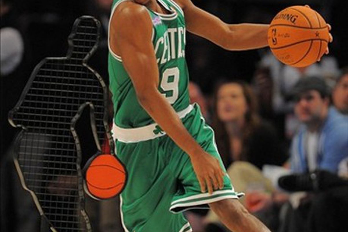 Feb 25, 2012; Orlando, FL, USA; Rajon Rondo of the Boston Celtics competes in the 2012 NBA All-Star Skills Challenge at the Amway Center. Mandatory Credit: Bob Donnan-US PRESSWIRE