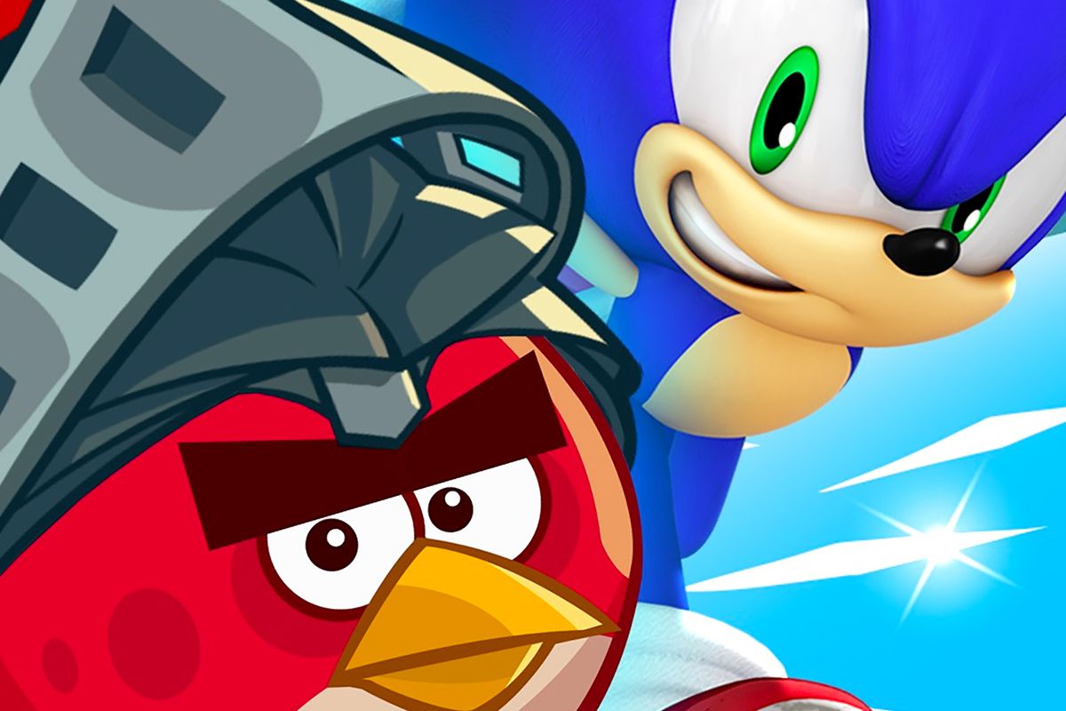 Artwork of Sonic the Hedgehog running next to Red from Angry Birds