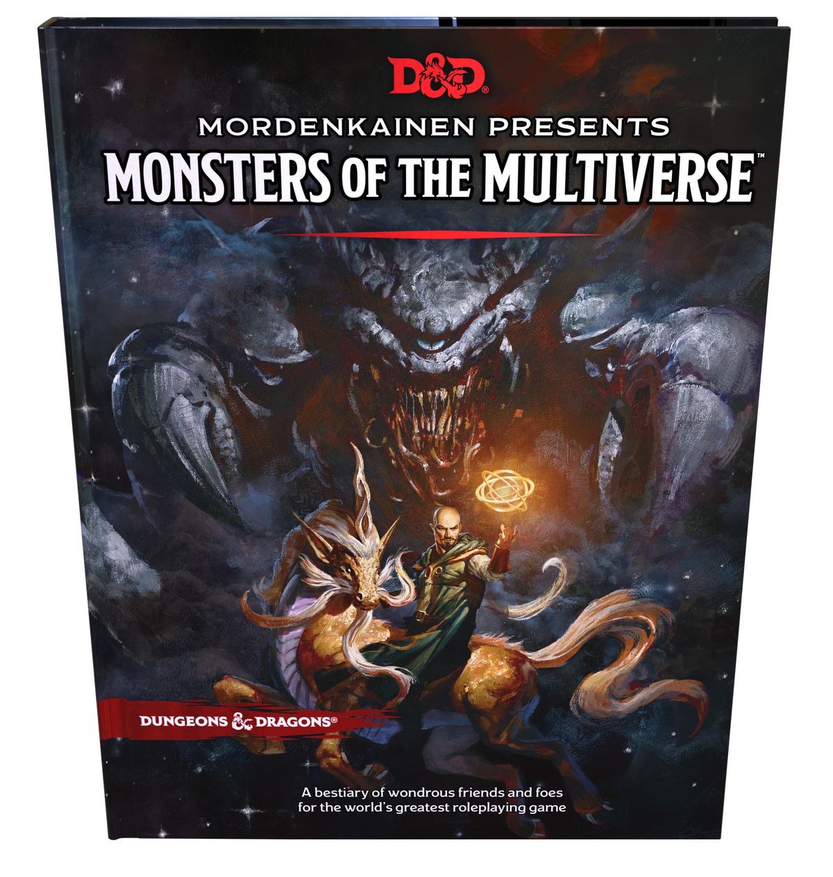 The standard cover of Mordenkainen Presents Monsters of the Multiverse shows the man himself riding a spectral unicorn. A one-eyed beast lurks in the shadows behind him.