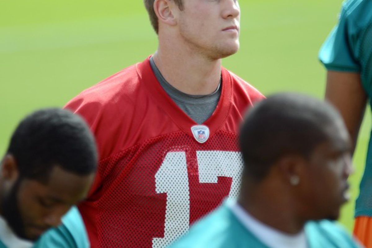 May 22, 2012; Davie, FL, USA; Miami Dolphins quarterback Ryan Tannehill (17) during organized team activities at the Dolphins training facility. Mandatory Credit: Steve Mitchell-US PRESSWIRE