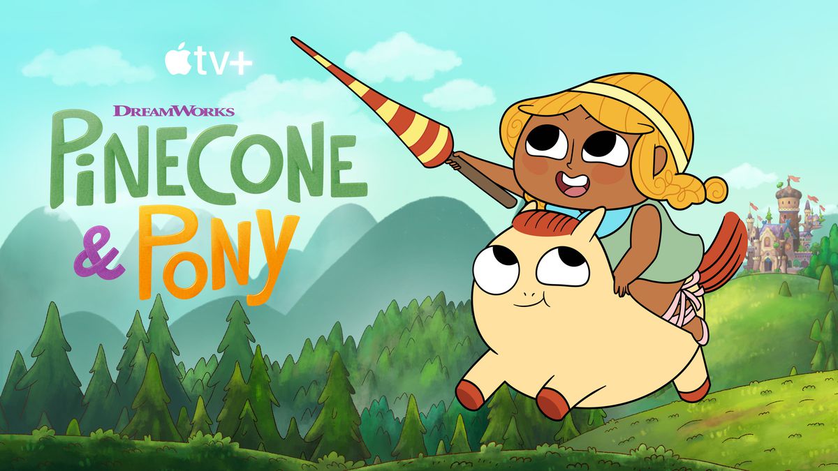 The splash title image for Pinecone &amp; Pony, featuring a blonde girl riding on a fat pony