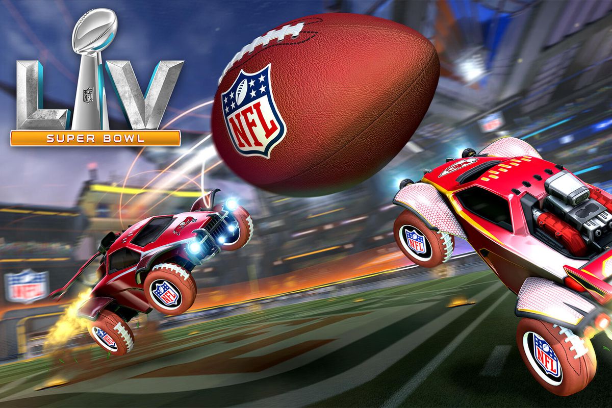 Rocket League - two rocket powered vehicles fight over a giant NFL branded football in the middle of a field