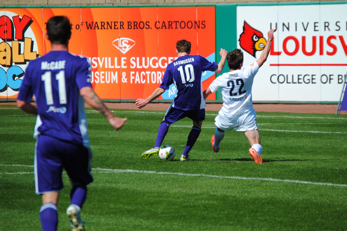 Magnus Rasmussen scores the first goal in Louisville City's history.