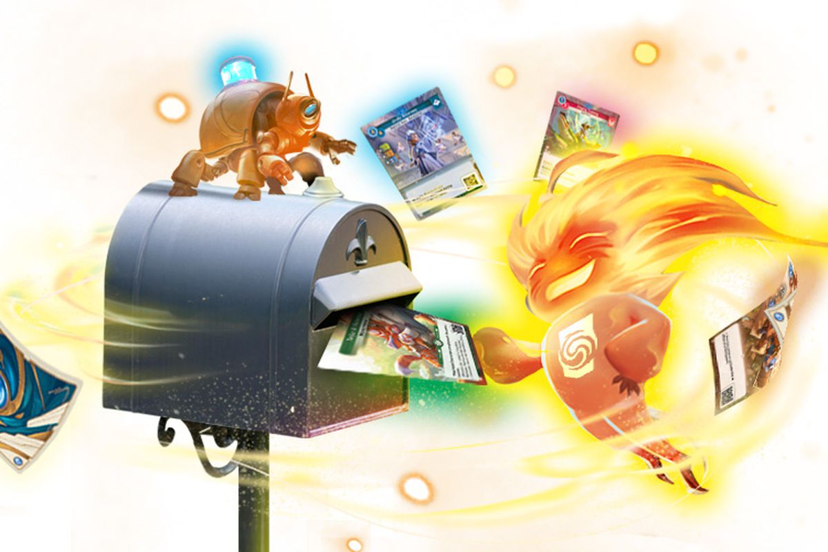 A flame-headed character from Altered drops a card into a waiting mailbox sporting a flour de lis.