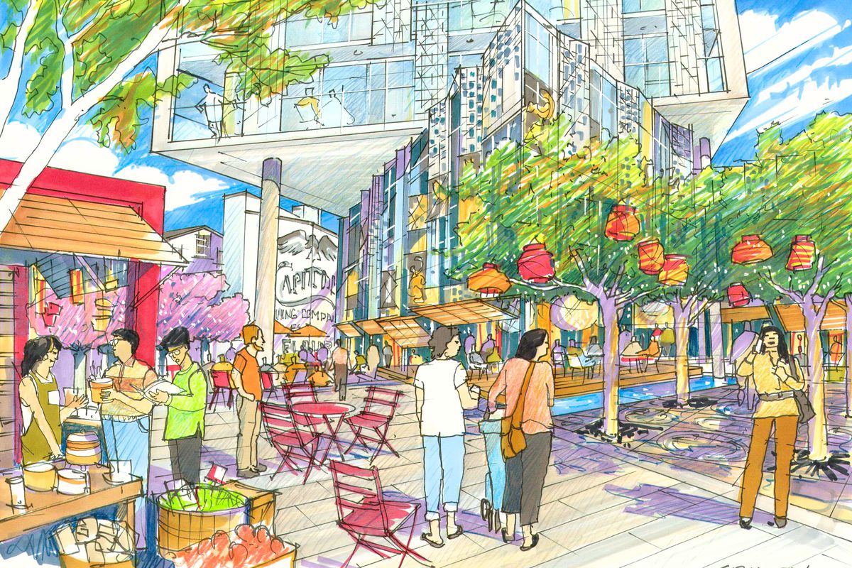 A painting-like rendering of the ground floor of the project that shows pedestrians walking, street trees, and, in the background, the bottom of the new development.