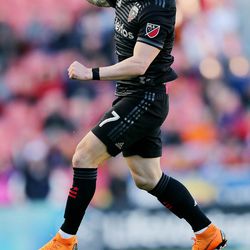 D.C. United forward Paul Arriola (7) scoring a goal as Real Salt Lake and D.C. United play an MLS Soccer match at Rio Tinto Stadium in Sandy on Saturday, May 12, 2018.