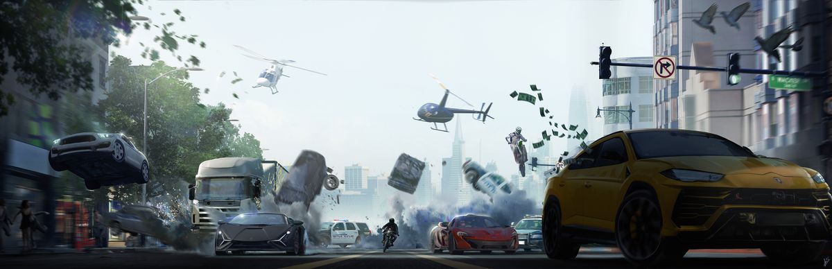 An elaborate car chase with dollars thrown from a yellow sports car.  Motorcycles, helicopters and police pursuit.