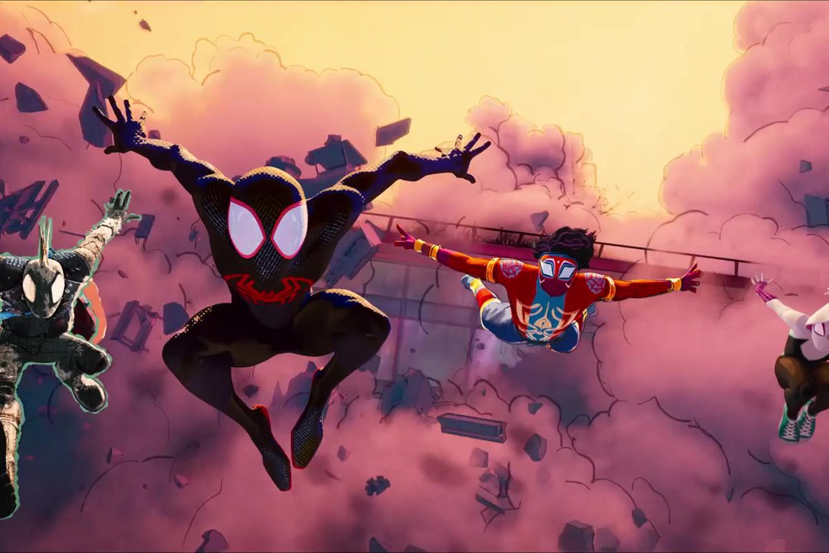 (L-R) Spider-Punk, Miles Morales, Spider-Man India, and Spider-Gwen leaping in unison from the edge of a collapsing building in Spider-Man: Across the Spider-Verse.