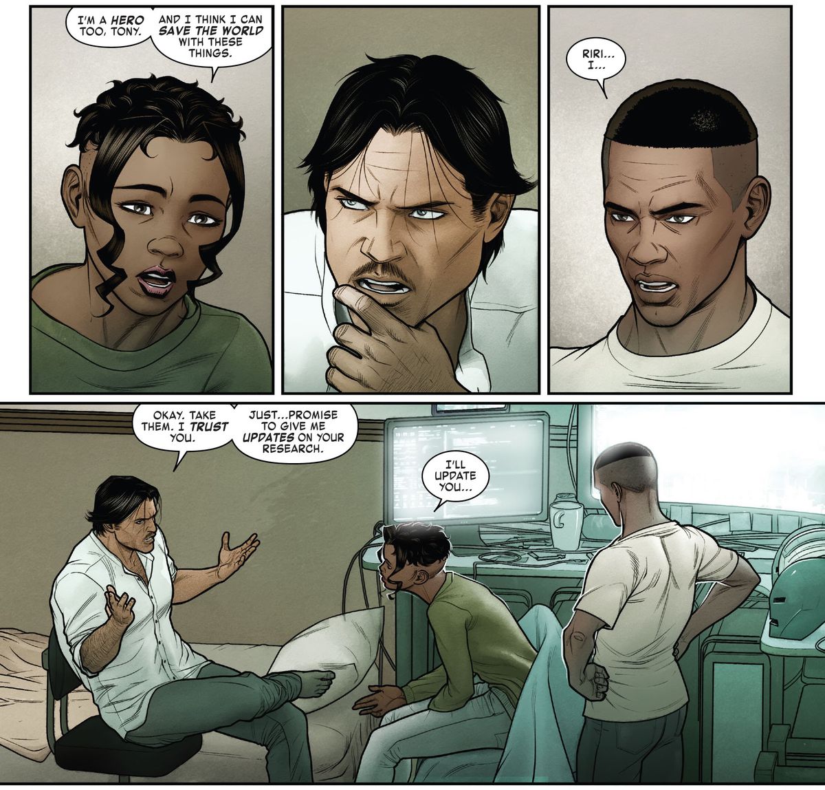 “I’m a hero too, Tony,” Riri insists. “And I think I can save the world with these things.” Tony thinks for a long beat, before saying “Okay, take them. I trust you,” in Iron Man #24 (2022)