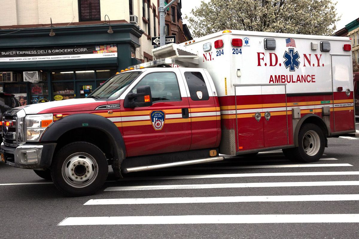An FDNY ambulance rushes through Bed-Stuy, March 31, 2020.