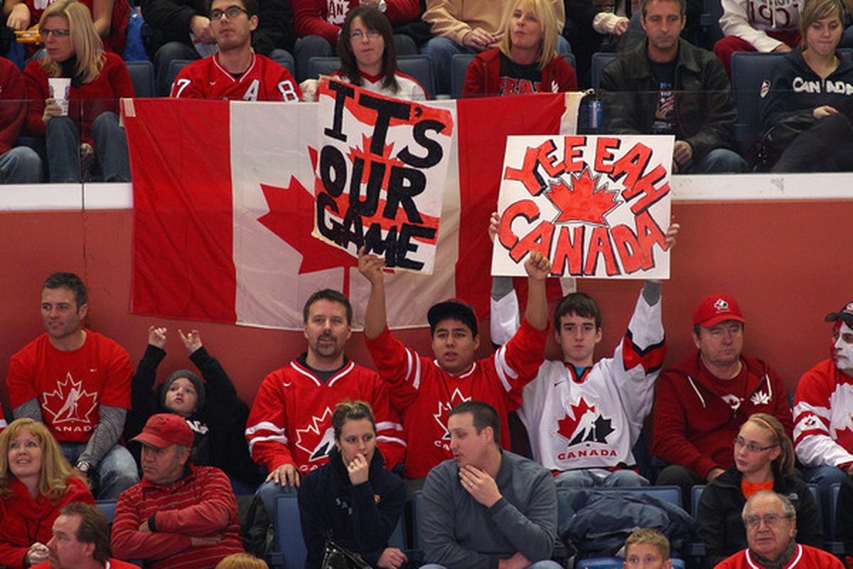 BUFFALO NY - DECEMBER 29:  Fans of Canada show their support against Norway during the 2011 IIHF World U20 Championship game between Canada and Norway on December 29 2010 in Buffalo New York.  (Photo by Rick Stewart/Getty Images)