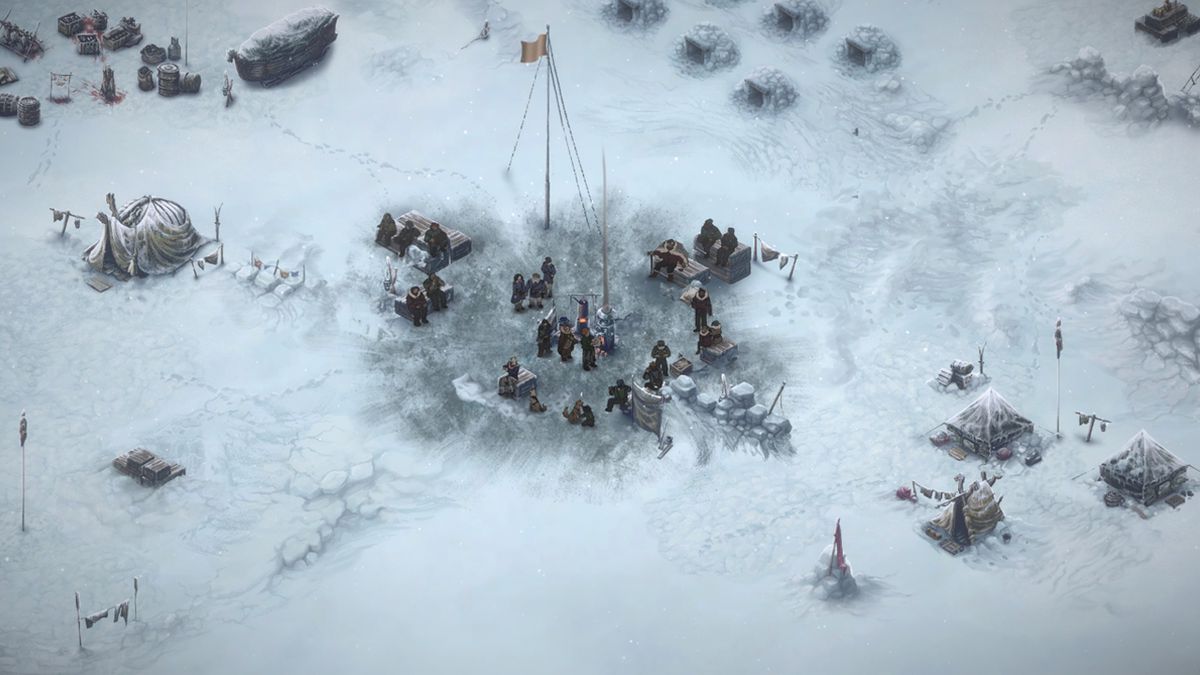 The crew in The Pale Beyond huddles around an ice fishing hole at the center of its camp