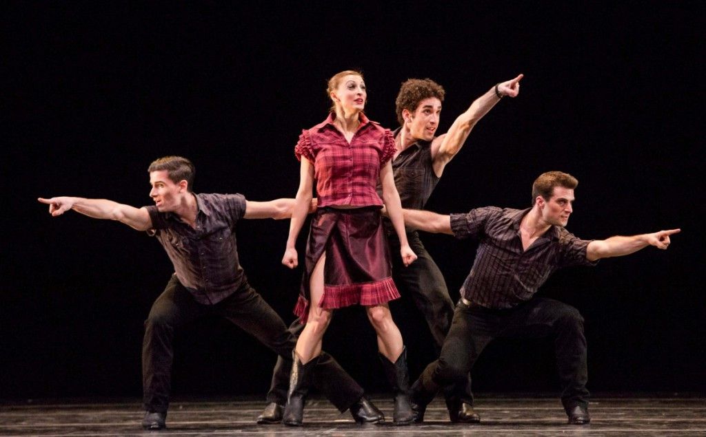 The Joffrey Ballet, with (from left), Fernando Duarte, Joanna Wozniak, Edson Barbosa and Derrick Agnoletti in “The Man in Black.” (Photo: Cheryl Mann)